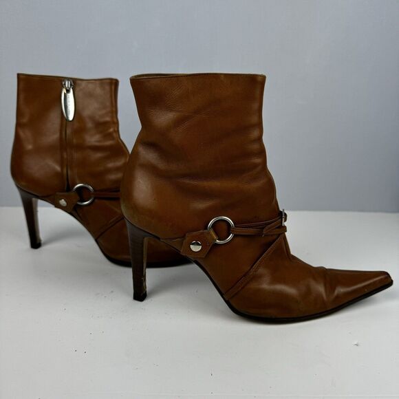Sergio Rossi Tan Leather Ankle Boots Women Sz. 6 36 Buckle Detail Made in Italy - Picture 4 of 11